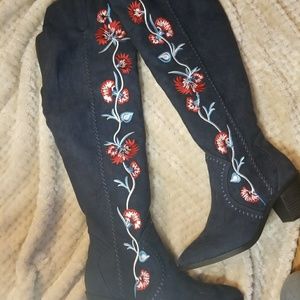 SOLD...Knee high blue floral boots